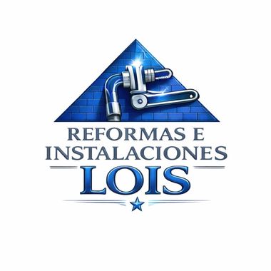Logotipo de "Reformas e Instalaciones Lois" que muestra una llave inglesa cromada dentro de un tri&aacute;ngulo de ladrillos azules.