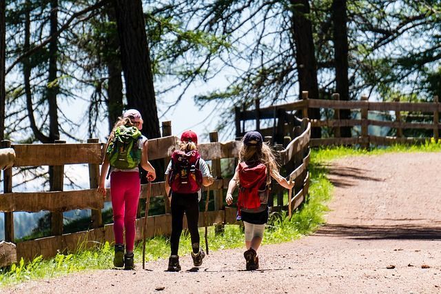 Tres personas con mochilas caminan por un sendero de tierra junto a una valla de madera y árboles.