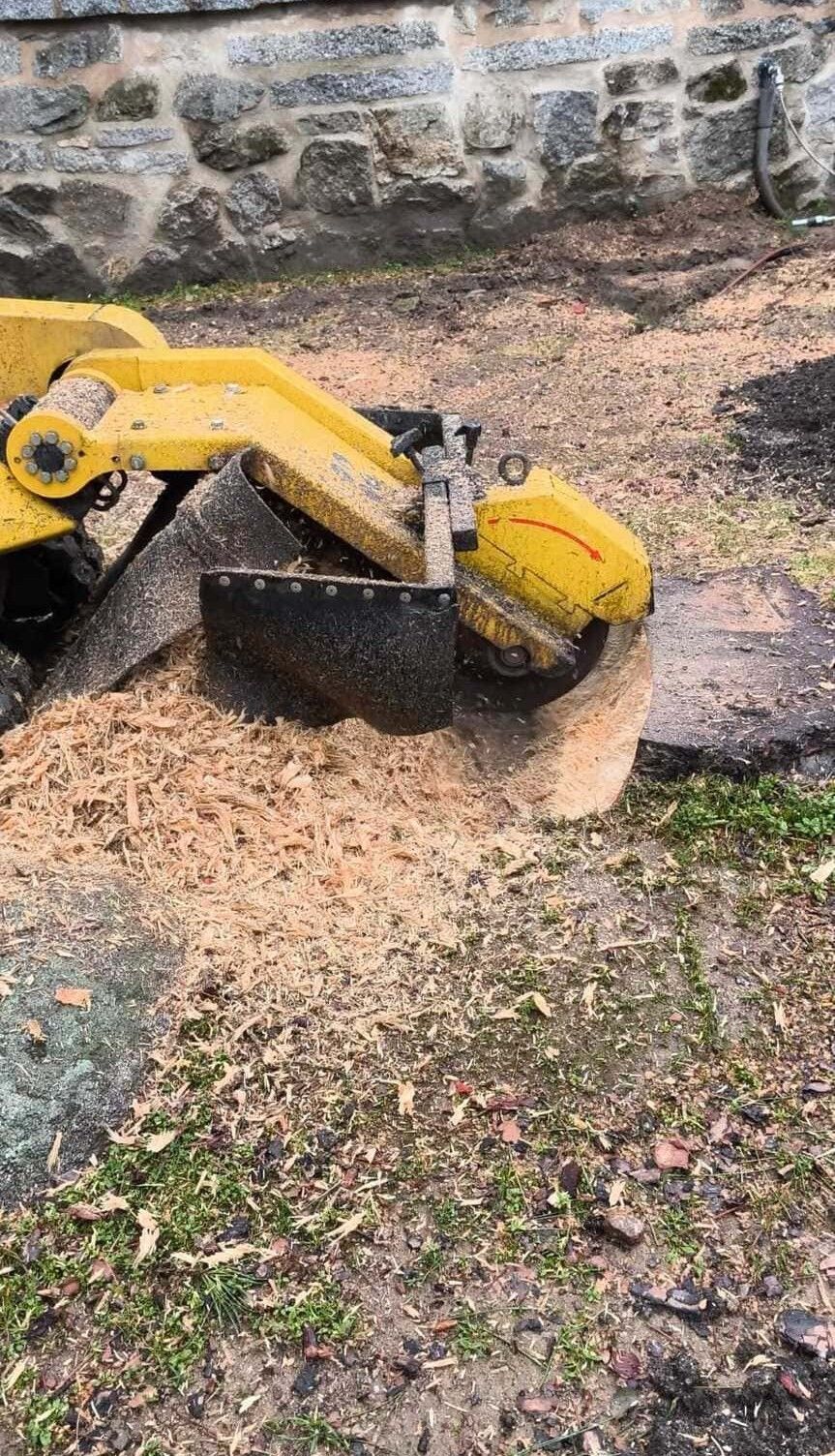 Una excavadora amarilla volcada de lado en la tierra junto a un muro de piedra.