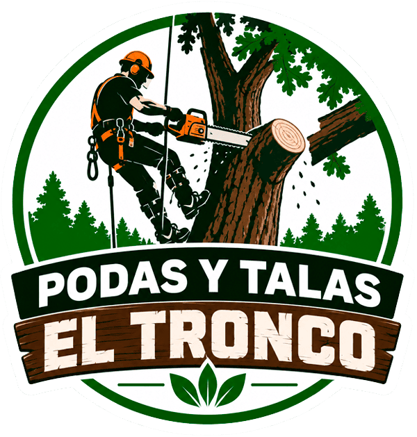 Logotipo de un trabajador cortando un tronco, con texto verde y negro “PODAS Y TALAS EL TRONCO”