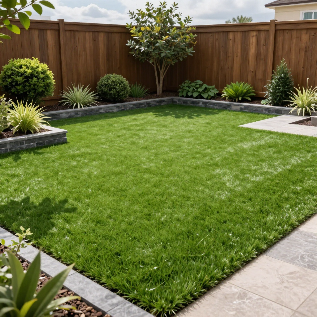 Jardín trasero moderno con césped verde, valla de madera y parterres ajardinados.