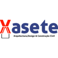 Logotipo da "Xasete", texto em vermelho e azul, com ícone de desenho arquitetônico.