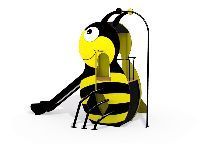 Equipo de juegos con forma de abejorro de dibujos animados, con tobogán, rayas negras y cuerpo amarillo.
