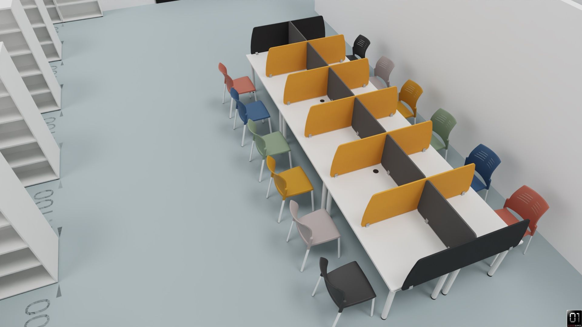 Mesa larga blanca con sillas y divisores de colores en un entorno de biblioteca.