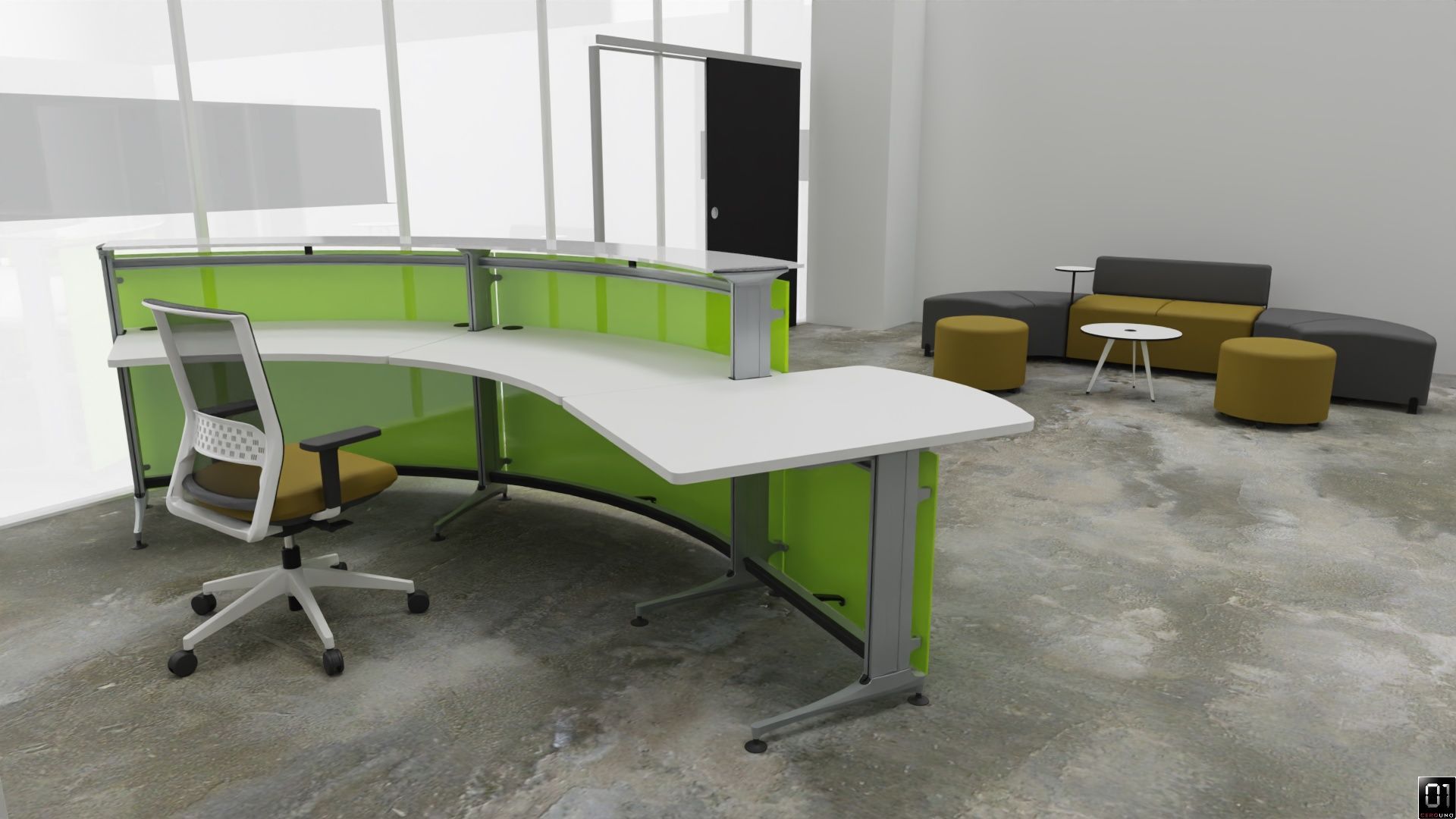 Moderna área de recepción de oficina con escritorio verde curvo, silla blanca y asientos grises.