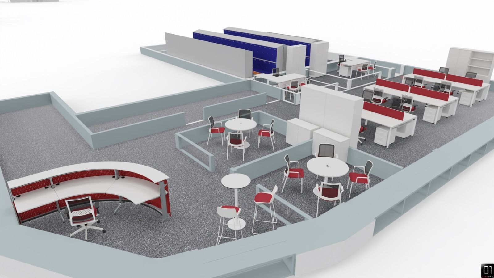 Plano de oficina con estaciones de trabajo, zonas de estar y mostrador de recepción. Detalles en rojo y blanco.