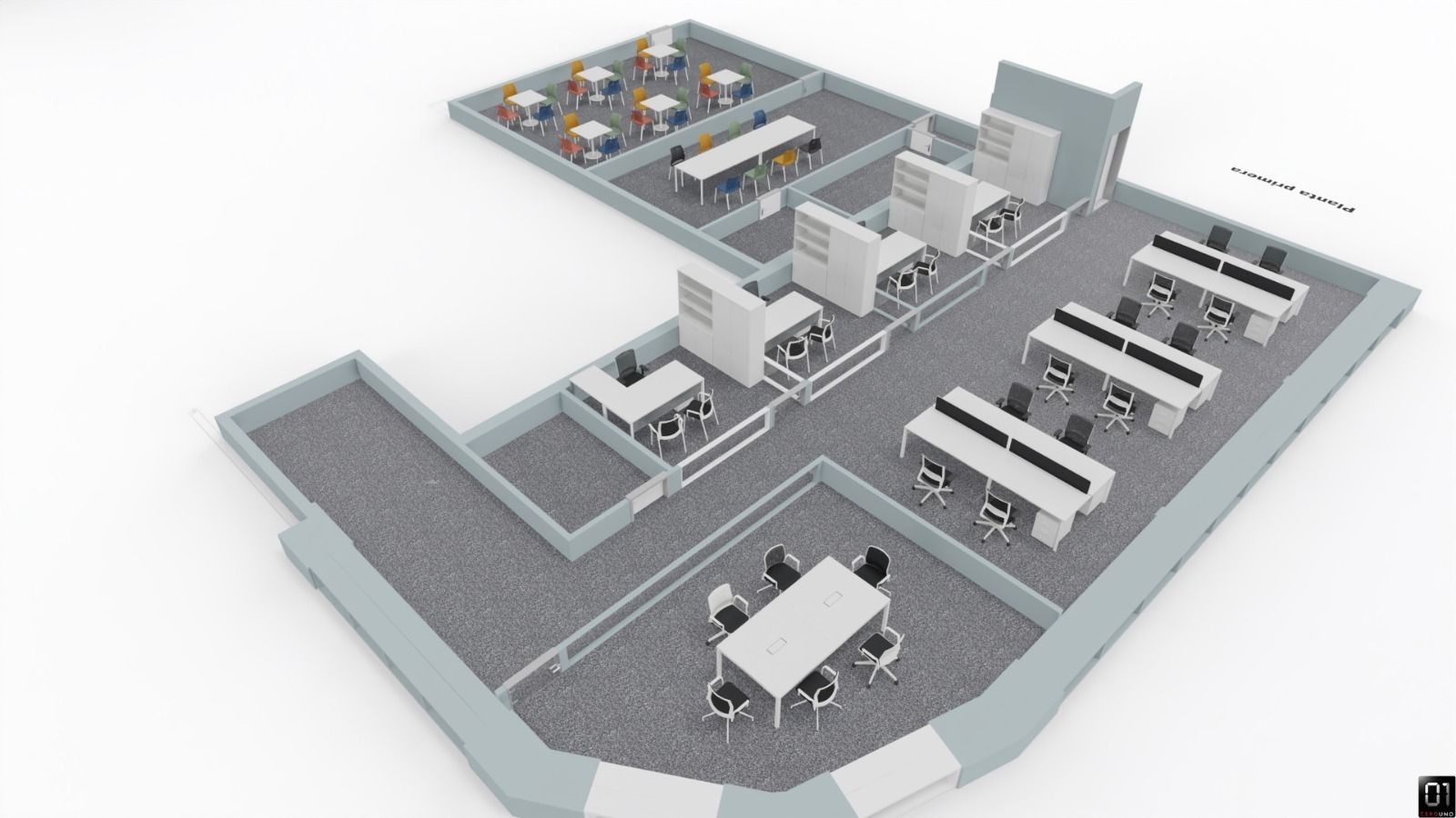 Distribución de la oficina: cubículos, sala de conferencias y áreas de trabajo abiertas, con escritorios, sillas y computadoras.