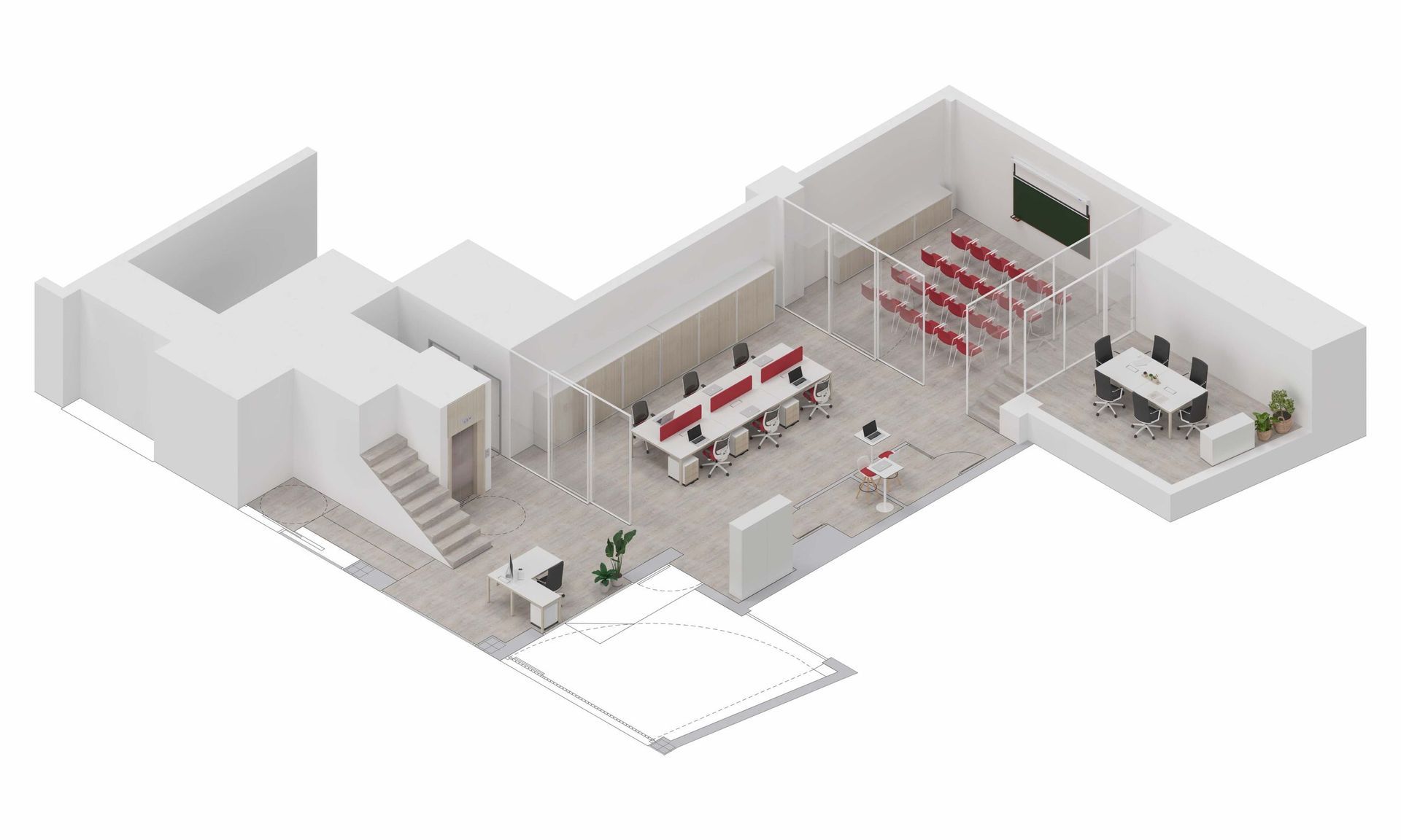 Vista isométrica de un diseño de oficina moderno con estaciones de trabajo, salas de reuniones y un aula.