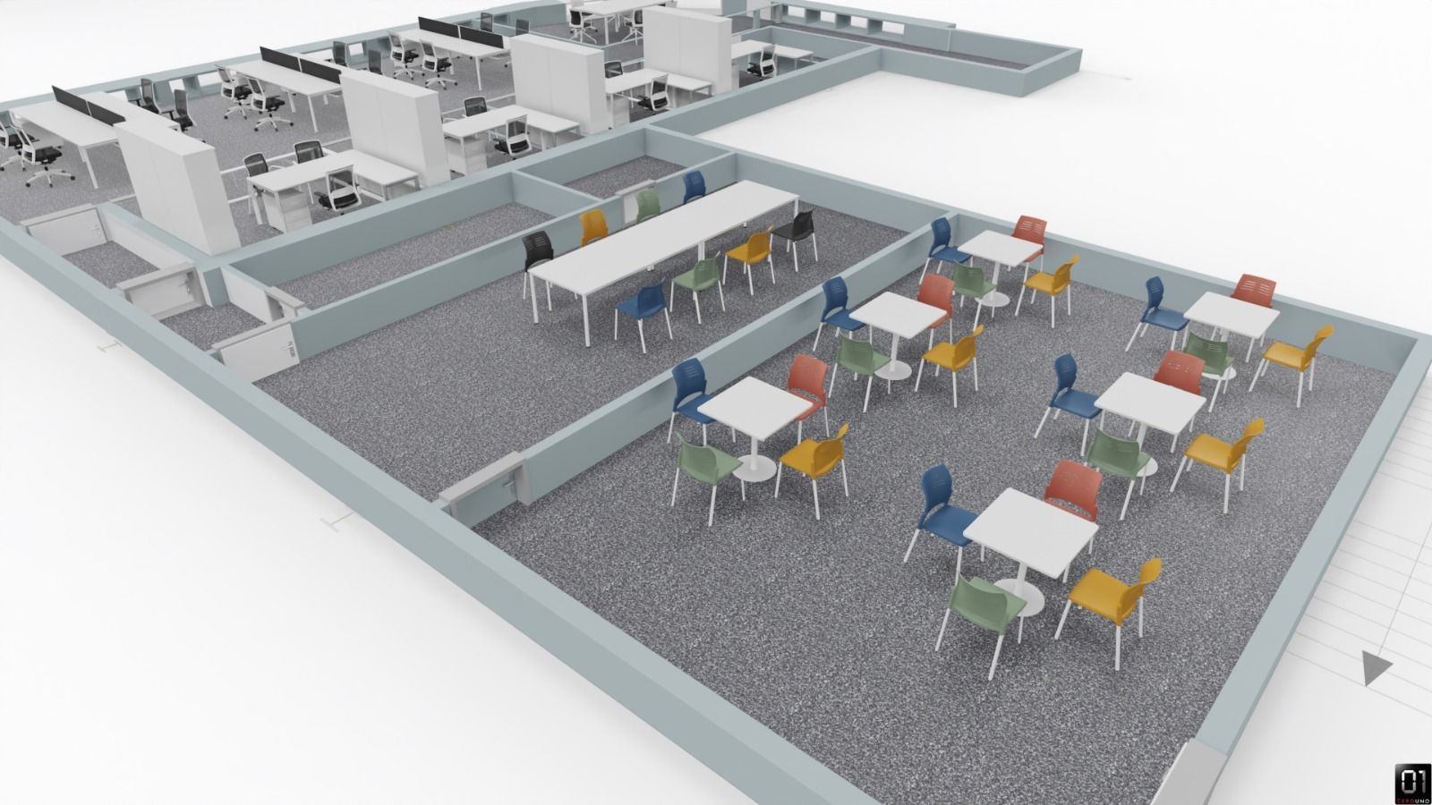 Representación 3D de un espacio de oficina con cubículos, una mesa larga y una cafetería con sillas de colores.