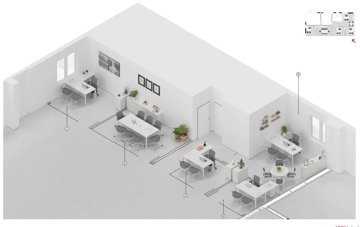 Vista isométrica de un espacio de oficina moderno con varias estaciones de trabajo, muebles y decoración minimalista.