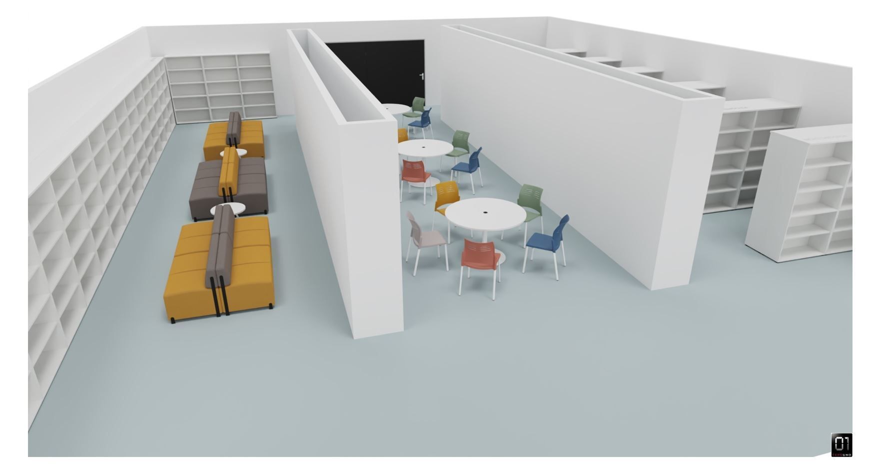 Interior de una biblioteca con estanterías, zonas de estar con mesas y sillas y una puerta.