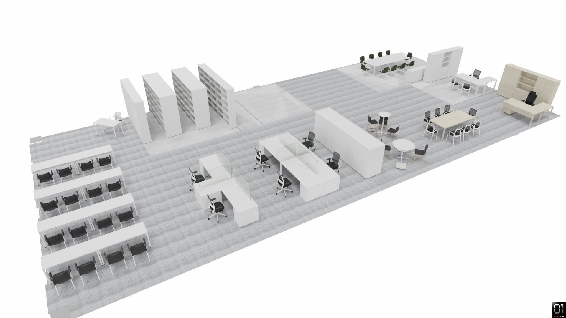 Vista isométrica del interior de una biblioteca, con zonas de asientos, estanterías y varias mesas y escritorios.