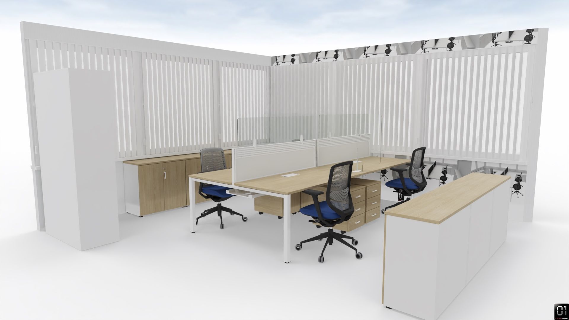 Cubículo de oficina moderno con muebles, sillas y divisores en tonos blancos y madera.