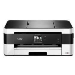 Impresora de inyección de tinta Brother, blanco y negro, vista frontal, con pantalla táctil y bandeja de papel.