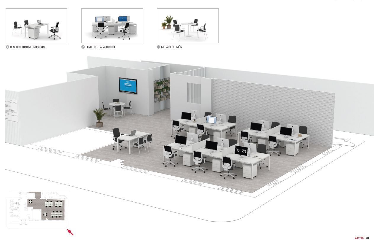 Disposición de una oficina con escritorios, computadoras y una zona de reuniones. Pequeños diagramas en la esquina superior izquierda.