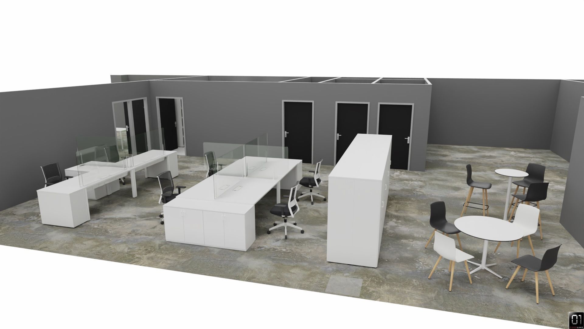 Interior de oficina con escritorios, sillas, espacio de almacenamiento y zona de estar. Paredes grises, muebles blancos y alfombra neutra.