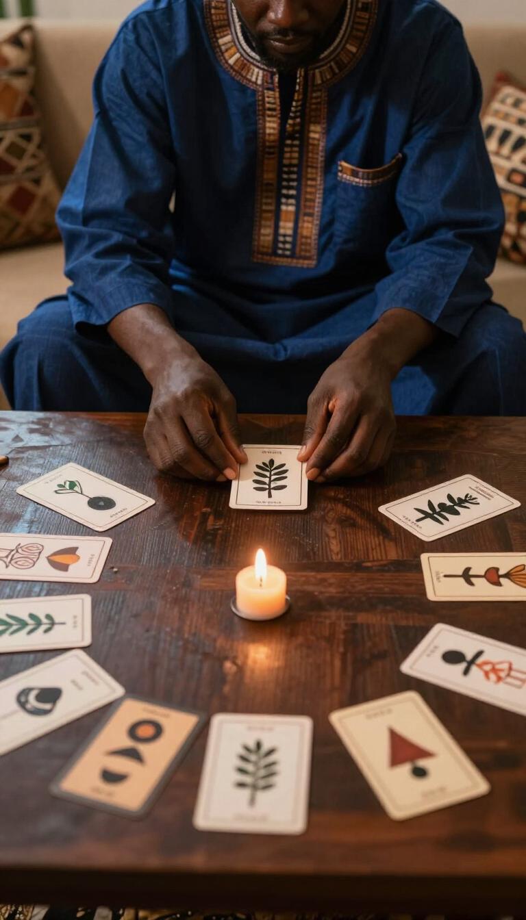Persona colocando cartas en una mesa de madera preparada para una lectura de tarot a la luz de las velas