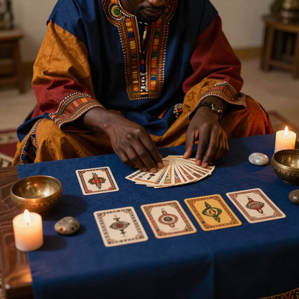 Persona extendiendo cartas del tarot sobre un paño azul, junto a unas velas y un cuenco tibetano