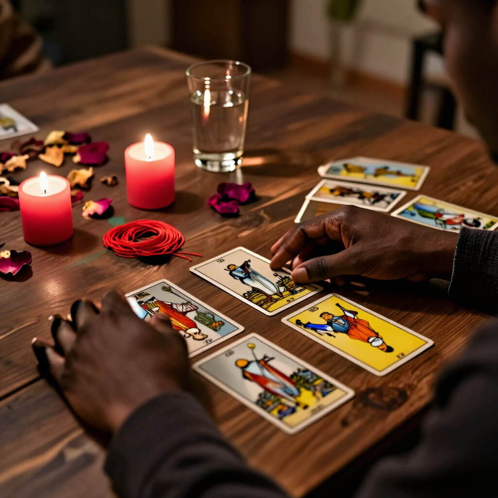Unas manos sacando cartas del tarot a la luz de las velas sobre una mesa de madera, con pétalos de rosa y un vaso de agua