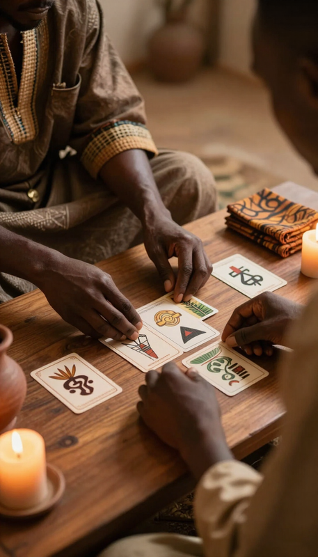 Personas jugando a las cartas en una mesa de madera, con cartas, fichas y velas bajo una luz cálida