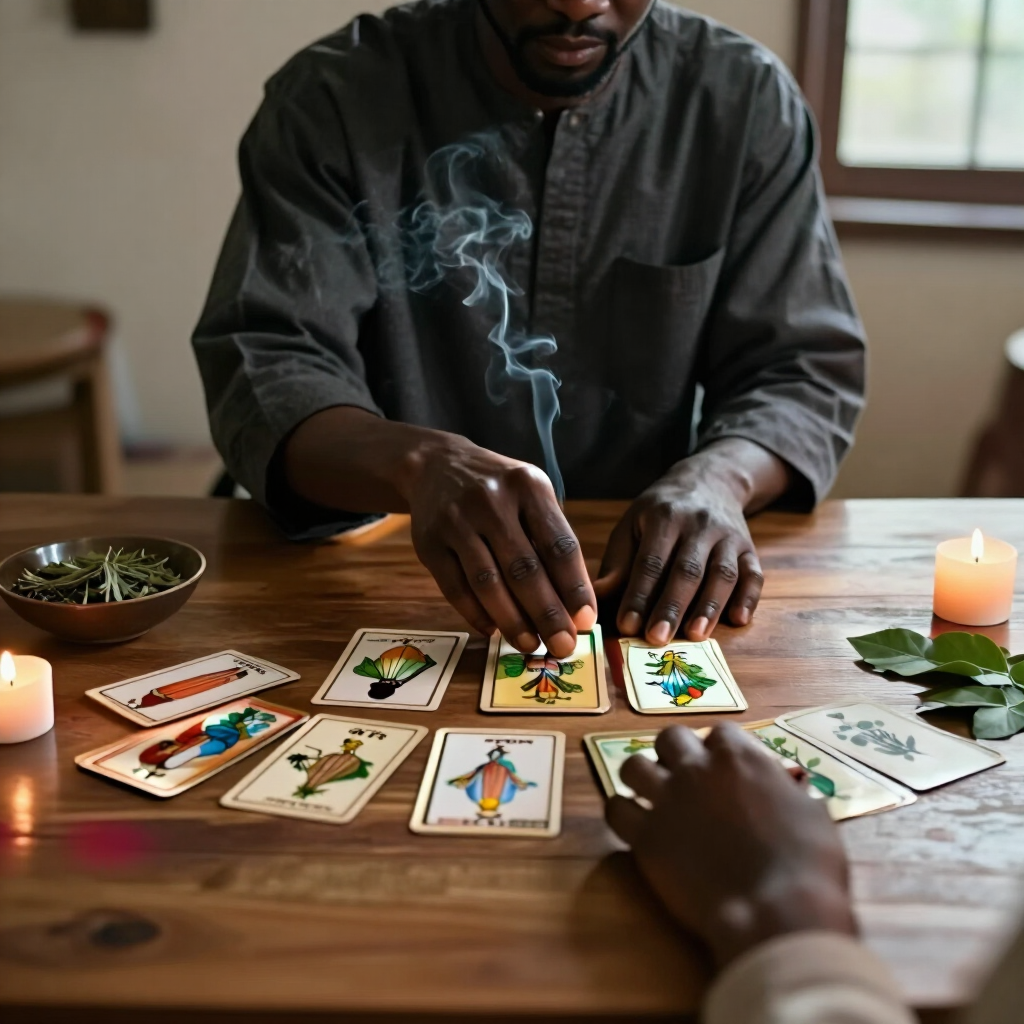 Persona colocando cartas del tarot sobre una mesa de madera, con velas y humo elevándose cerca