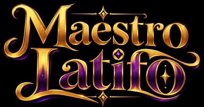 Logotipo dorado y morado de «Maestro Latido» con letras ornamentadas sobre fondo negro