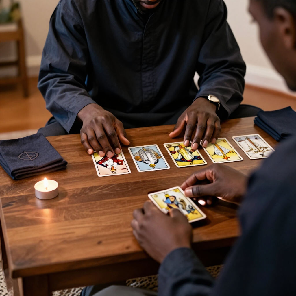 Dos personas jugando a las cartas en una mesa de madera a la luz de las velas, con cartas del tarot extendidas entre ellas.
