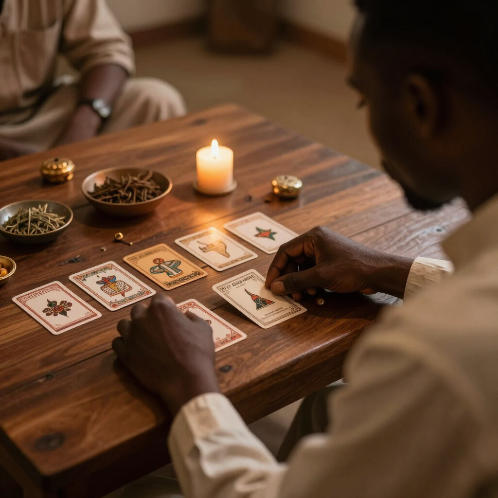 Dos personas juegan a las cartas a la luz de las velas, sentadas a una mesa de madera con cuencos de aperitivos.