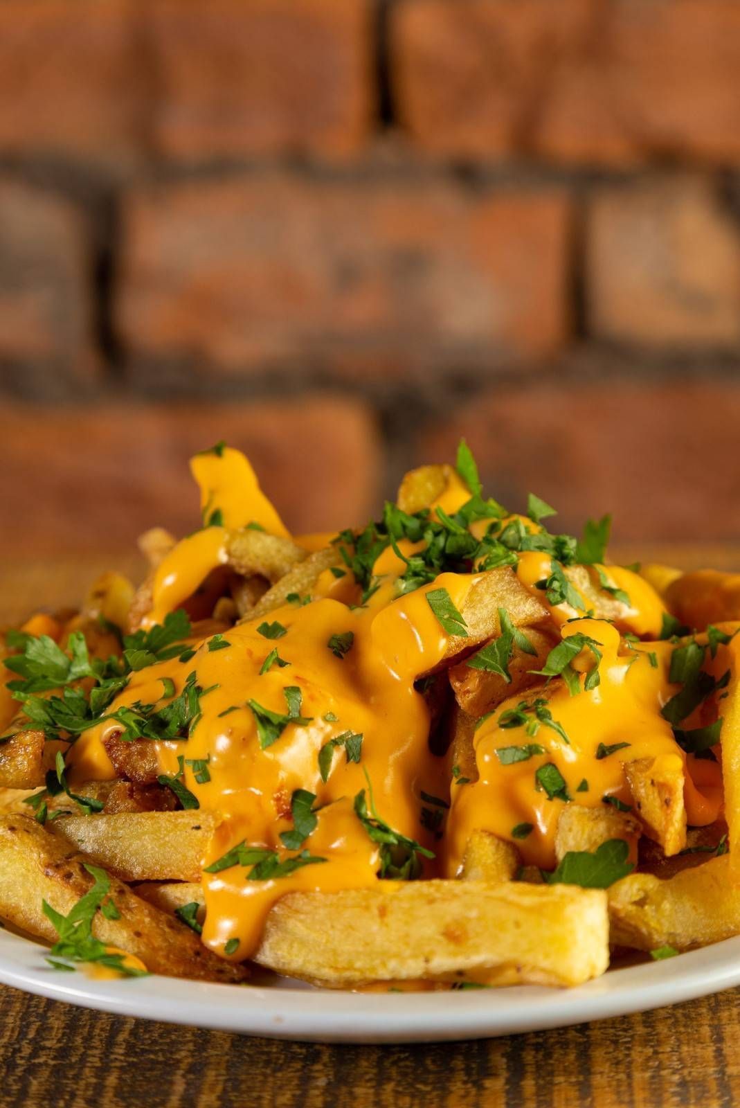 Papas fritas cubiertas con queso fundido, hierbas y salsa en un plato blanco, con un fondo de pared de ladrillos.