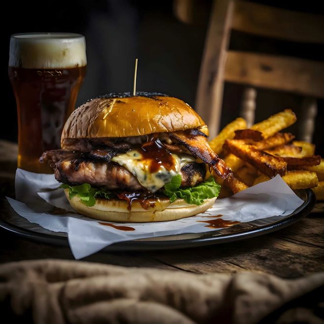 Hamburguesa con queso fundido, patatas fritas y una cerveza negra en una mesa rústica.