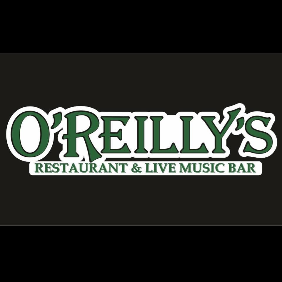 Logotipo del restaurante y bar de m&uacute;sica en vivo O'Reilly's en blanco y verde sobre un fondo oscuro.