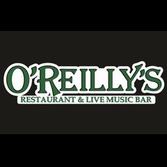 Logotipo del restaurante y bar de m&uacute;sica en vivo O'Reilly's en blanco y verde sobre un fondo oscuro.