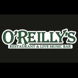 Logotipo del restaurante y bar de m&uacute;sica en vivo O'Reilly's en blanco y verde sobre un fondo oscuro.