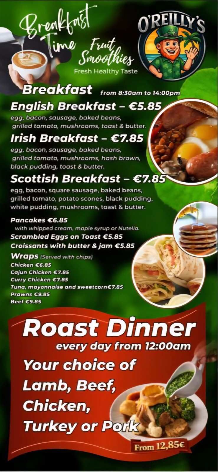 Cartel con el menú del restaurante para el desayuno y la cena asada, con fondo verde y fotos de la comida.