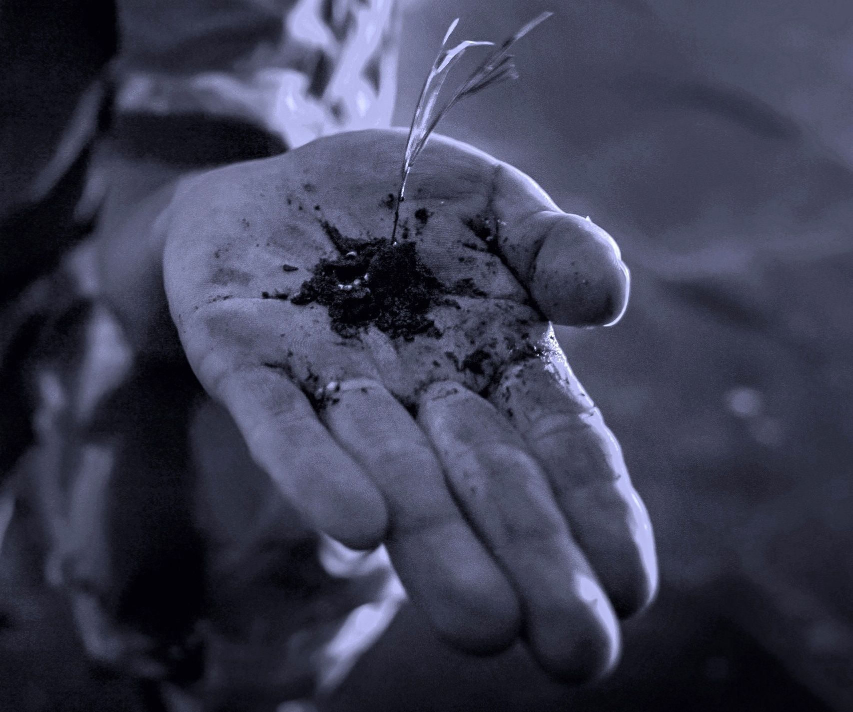 Una persona se agacha en un suelo oscuro, con ropa brillante y holgada. Una luz azul proyecta sombras en la pared.
