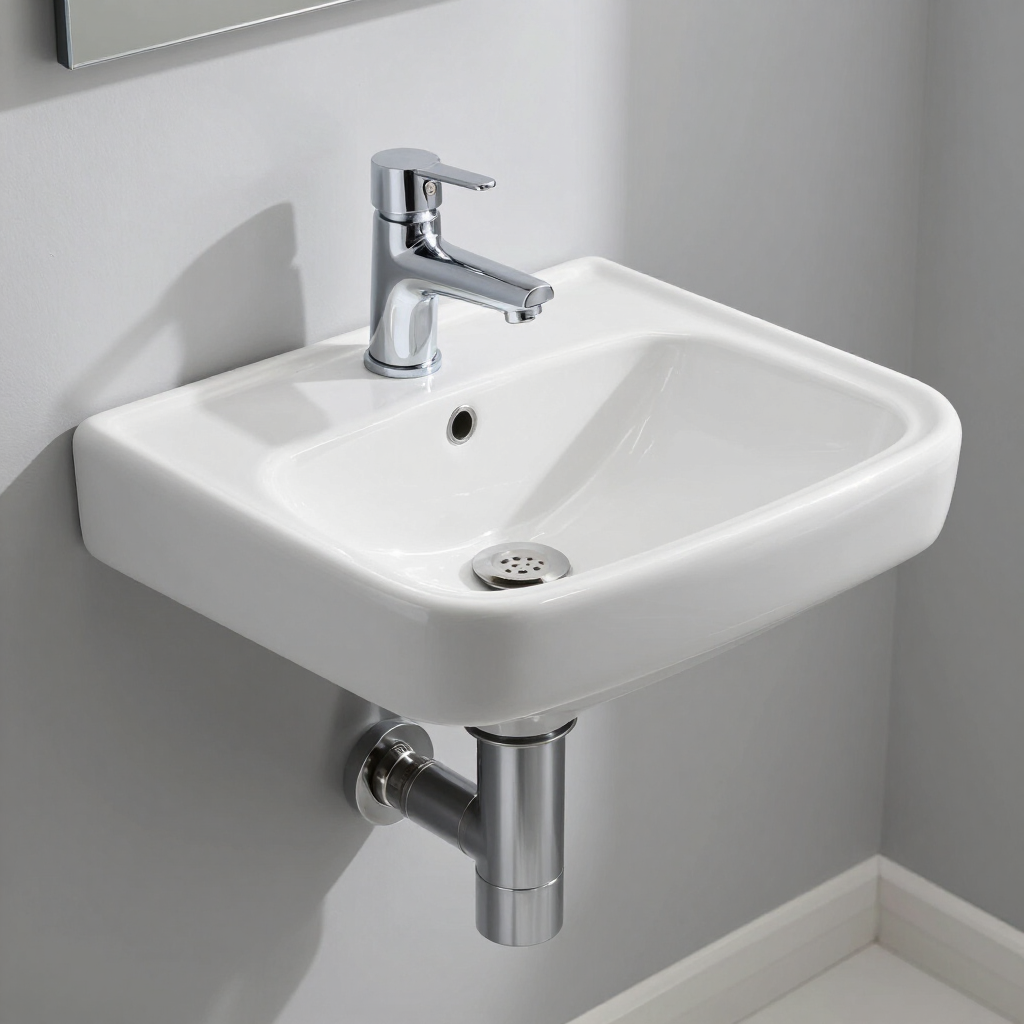 Lavabo mural blanc avec robinet chromé et tuyauterie apparente sur un mur gris clair.
