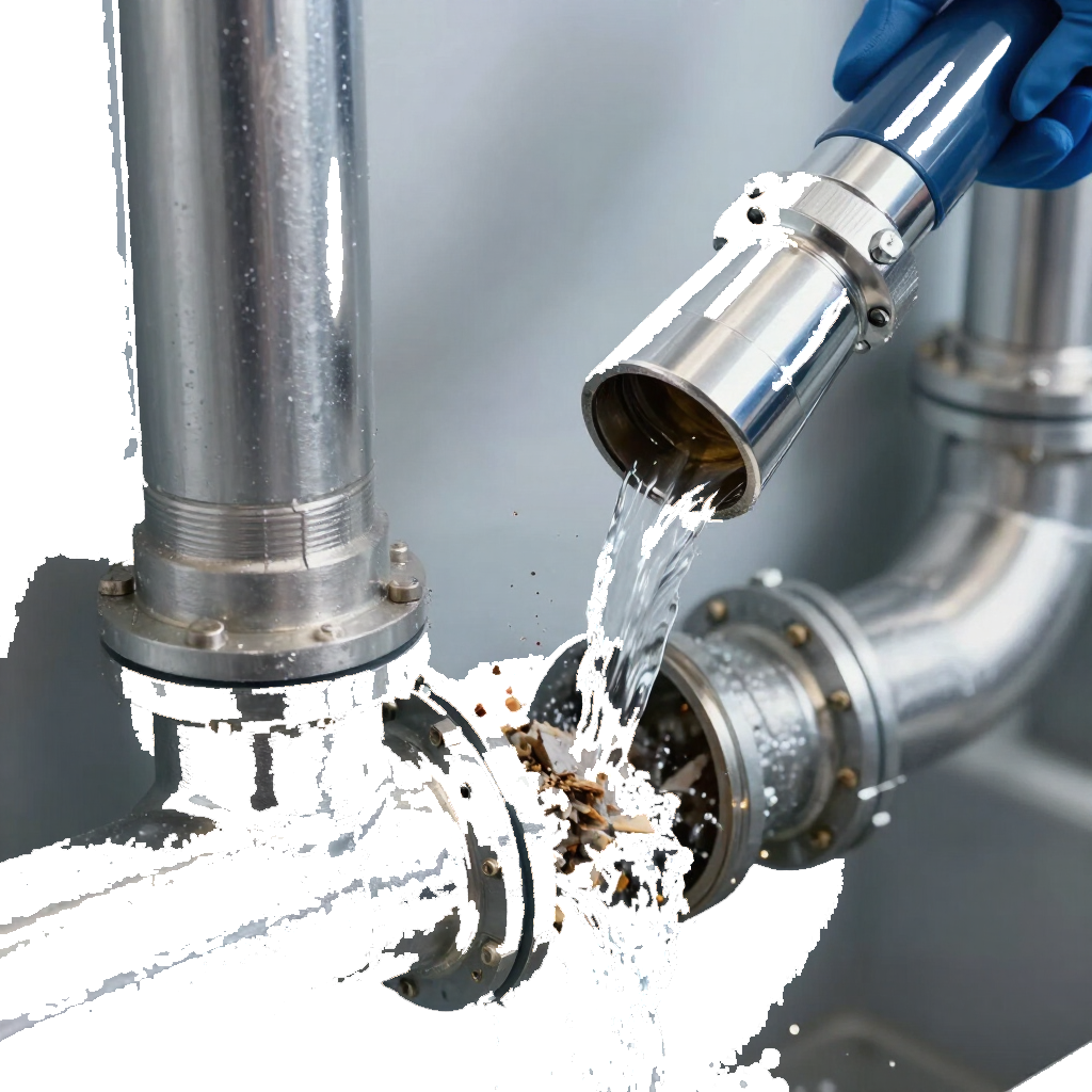 Bec verseur déversant de l'eau sur un raccord de tuyau blanc rouillé avec des tuyaux industriels chromés et bleus.