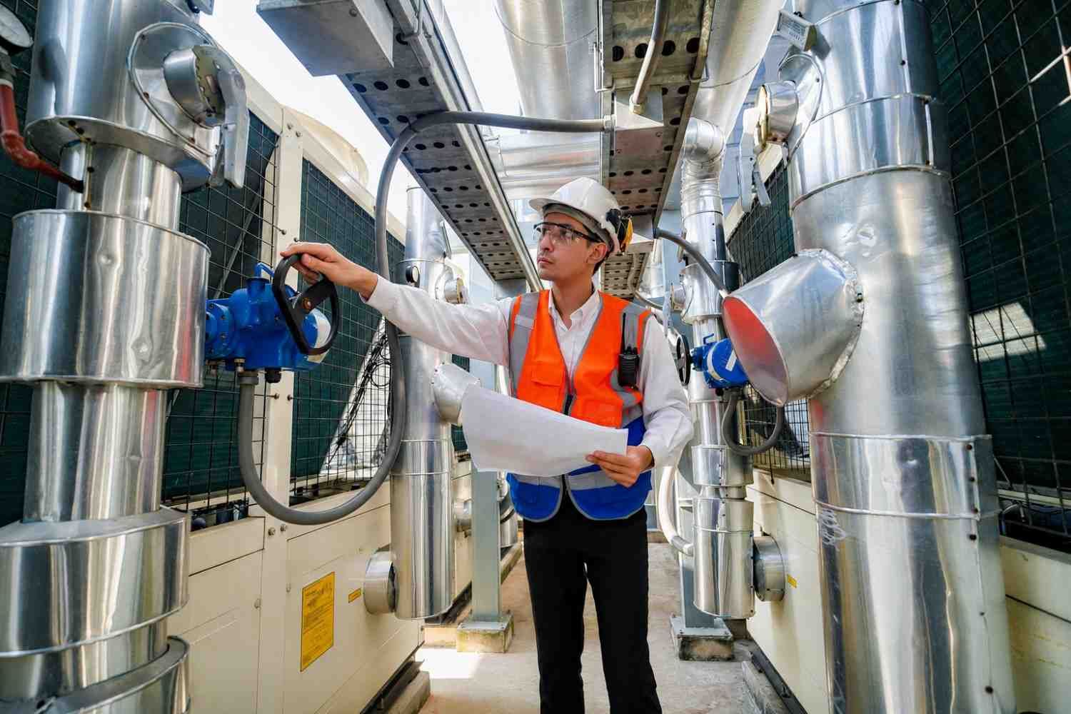 Un ingeniero inspecciona las tuberías industriales en una planta reluciente