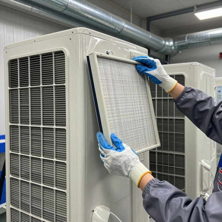 Técnico reemplazando un filtro de aire blanco del sistema de