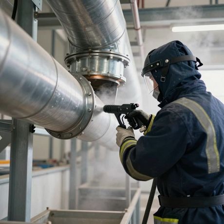 Un trabajador con equipo de protección inspecciona grandes tuberías industriales con un dispositivo portátil en una fábrica.