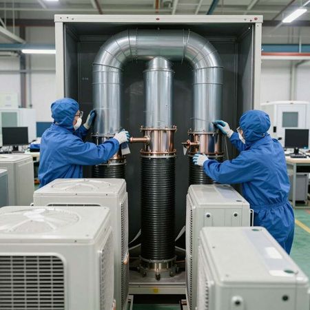 Técnicos con trajes azules inspeccionan maquinaria industrial