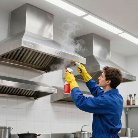 Una persona limpia una campana extractora de acero inoxidable con un pulverizador y un paño; el vapor se eleva.
