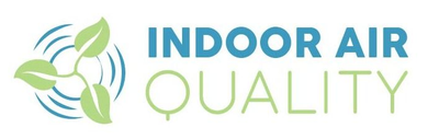 Logotipo de calidad del aire interior con texto azul e icono de hoja verde en un diseño circular de flujo de aire.
