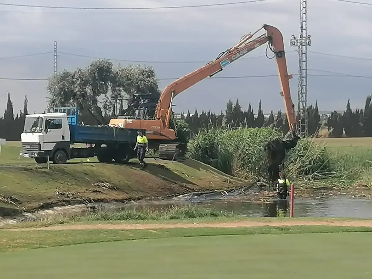 Una excavadora montada sobre camión draga un canal junto a un campo de hierba, con un trabajador cerca.