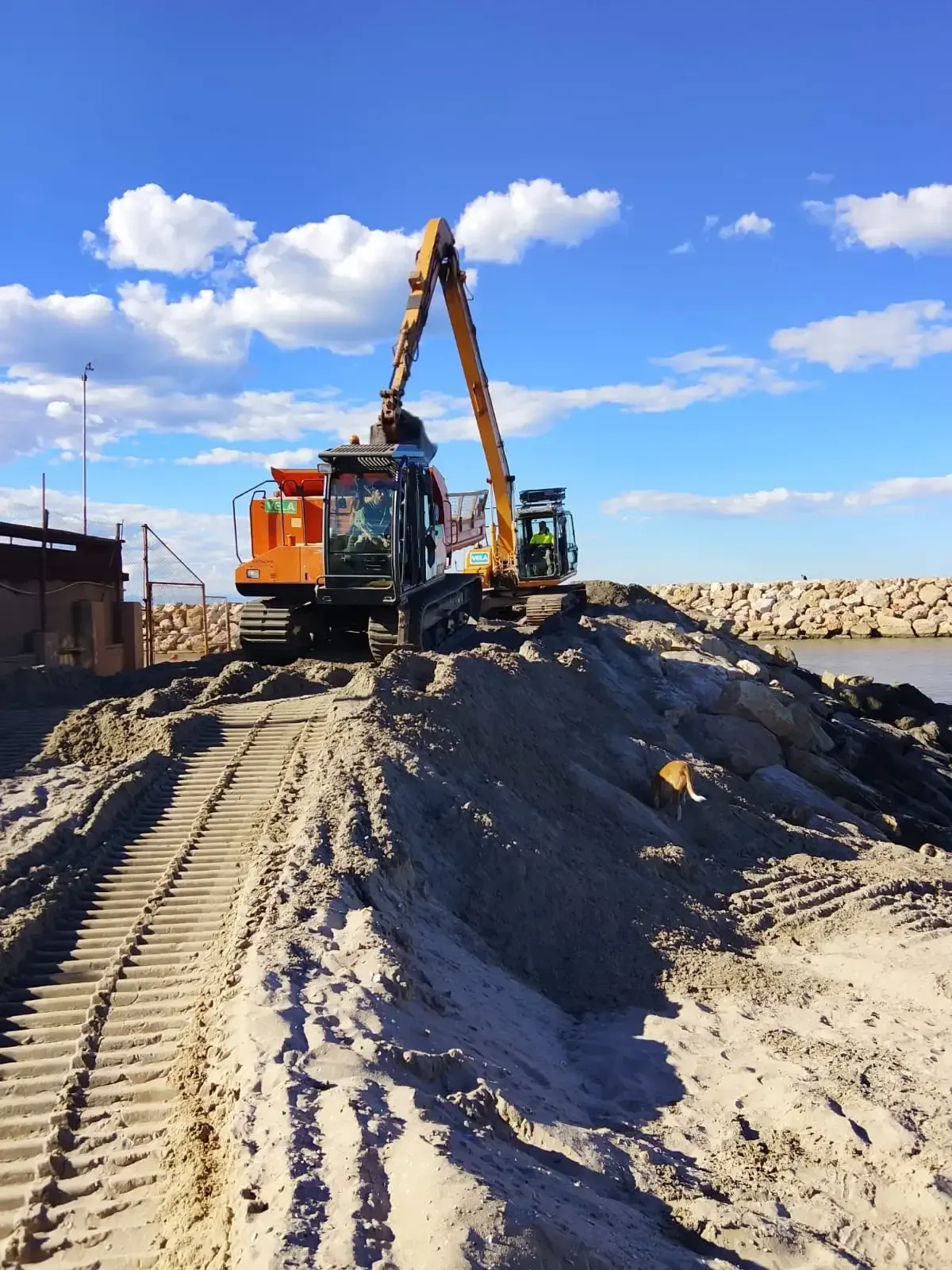 Obreros de la construcción con chalecos naranjas guiando una excavadora en una obra de tierra.
