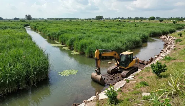 Obreros de la construcción con chalecos naranjas guiando una excavadora en una obra de tierra.