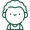 Un dibujo lineal de una persona con cabello rizado y una sonrisa en su cara.