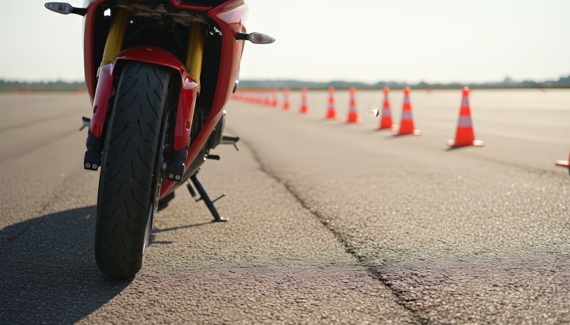 Κόκκινη μοτοσικλέτα σε μια ασφαλτοστρωμένη διαδρομή με πορτοκαλί κώνους στο φόντο.
