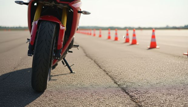 Κόκκινη μοτοσικλέτα σε μια ασφαλτοστρωμένη διαδρομή με πορτοκαλί κώνους στο φόντο.