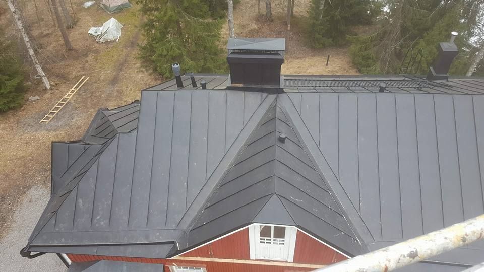 Musta metallinen katto savupiippuineen punaisessa talossa metsäisellä alueella.